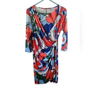 Tahari abstract floral faux wrap bright red blue green dress sz 12